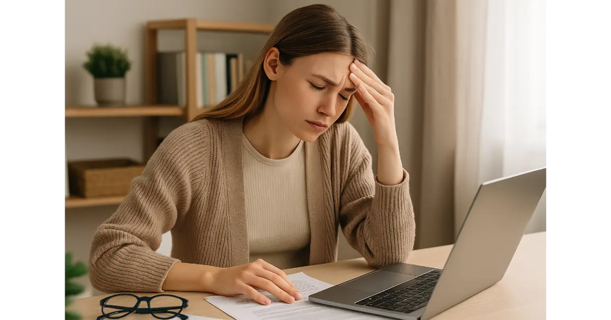 A frustrated beginner entrepreneur reviewing supplier contracts on a laptop, realizing common dropshipping mistakes, sitting at a modern workspace with soft daylight.