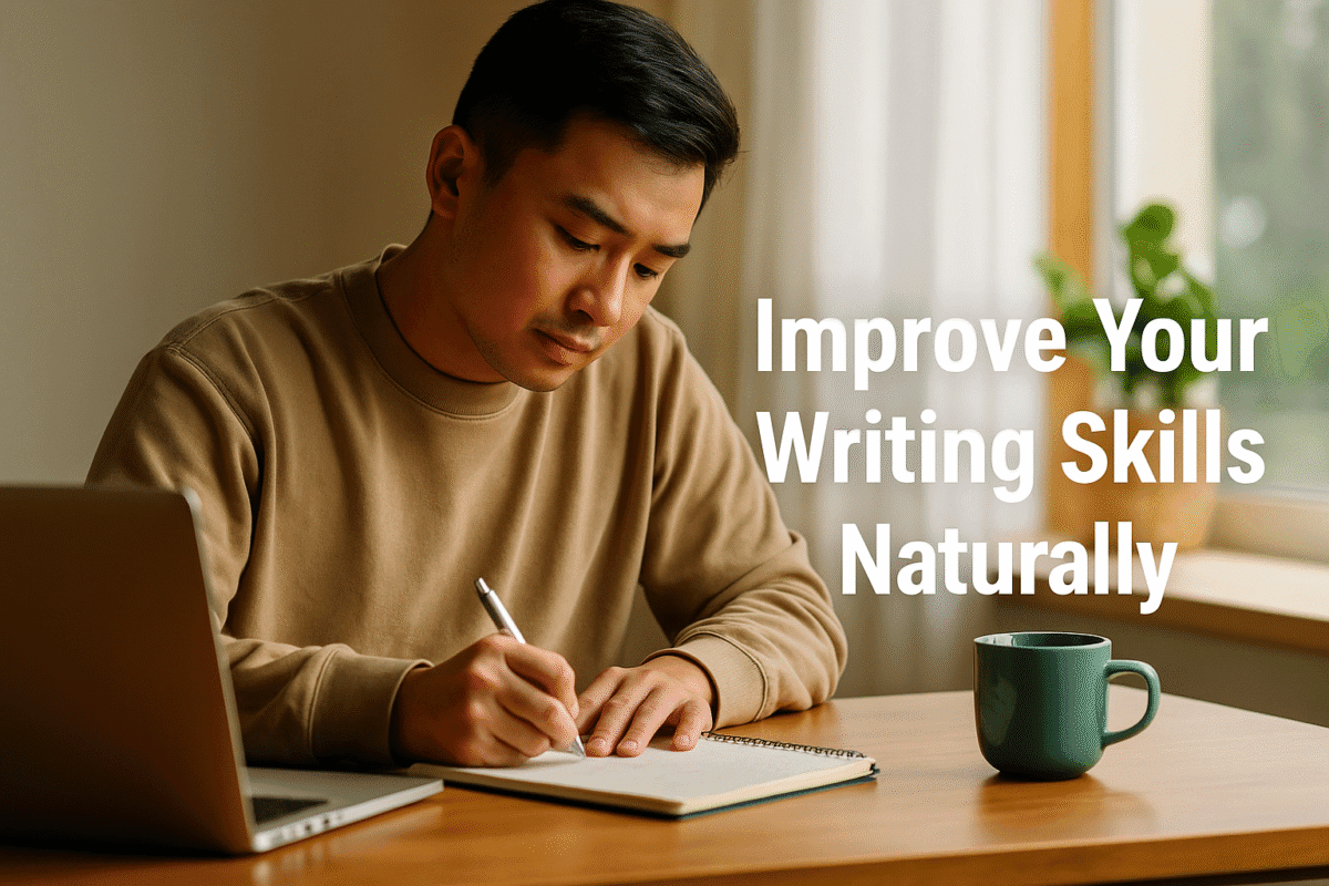 Focused person improving writing skills naturally while writing notes near laptop