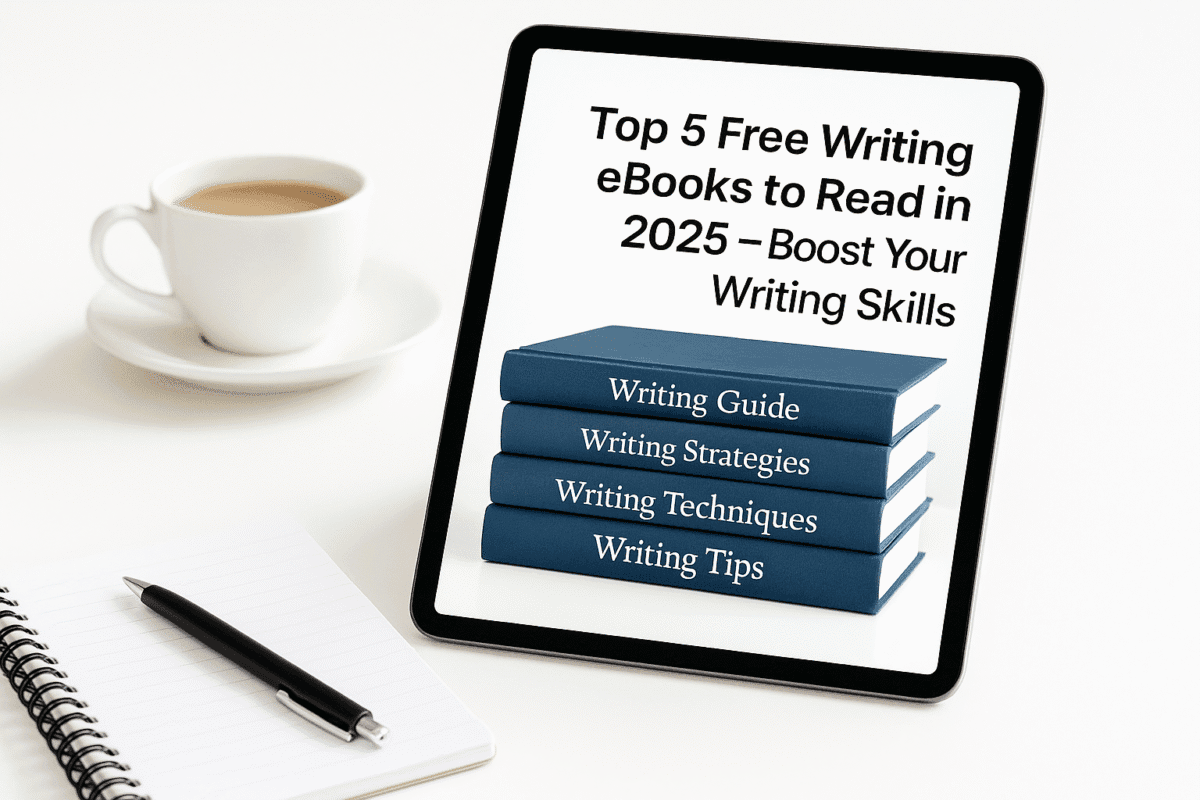 Stack of digital writing eBooks displayed on tablet beside coffee cup and notepad on bright white workspace