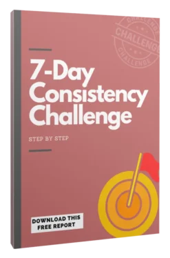 3D eBook cover titled '7-Day Consistency Challenge' with target and arrow symbolizing focus and discipline