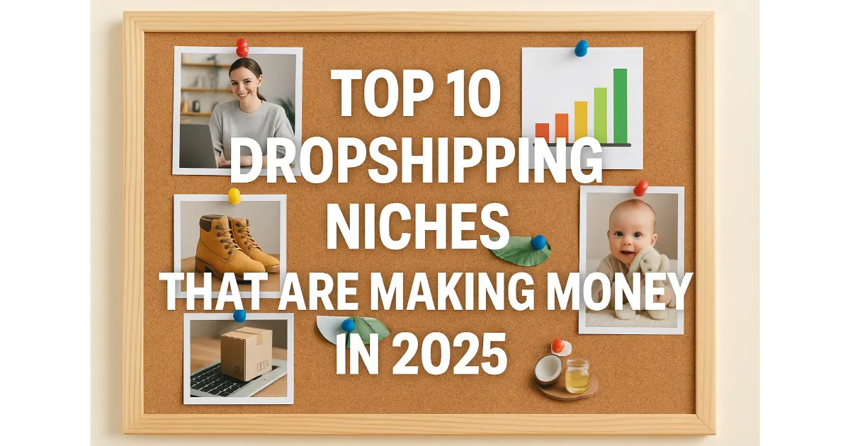 realistic photo of a modern workspace featuring a laptop showing an online store dashboard, surrounded by various product items symbolizing top dropshipping niches in 2025 such as fitness gear, skincare products, home decor, pet accessories, and eco-friendly goods, with warm natural lighting and a professional setup