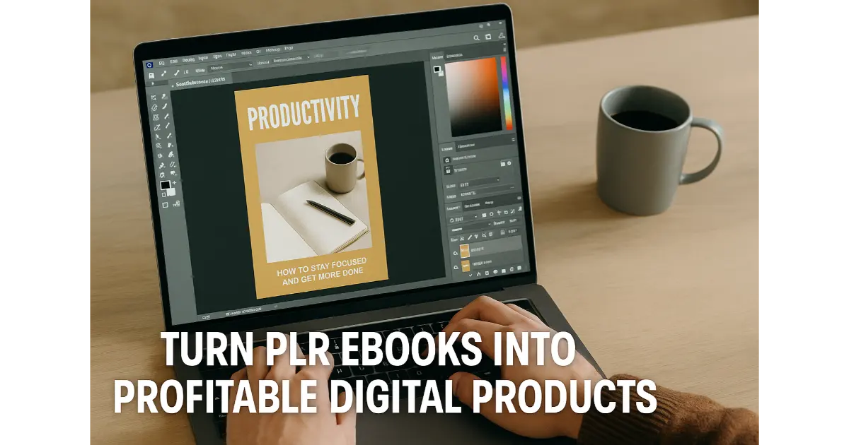 Person designing a PLR eBook cover on a laptop to turn it into a profitable digital product