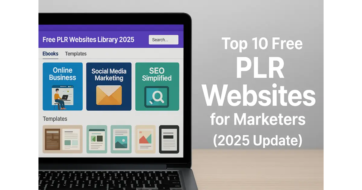 Laptop screen showing free PLR websites with eBooks and templates for marketers, labeled “Top 10 Free PLR Websites for Marketers 2025.