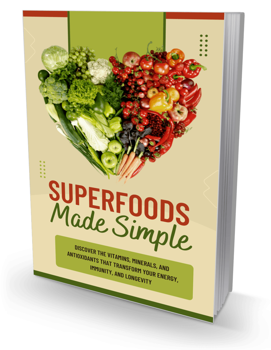 Superfoods Made Simple ebook cover showing a variety of fresh vegetables and fruits in a glass bowl