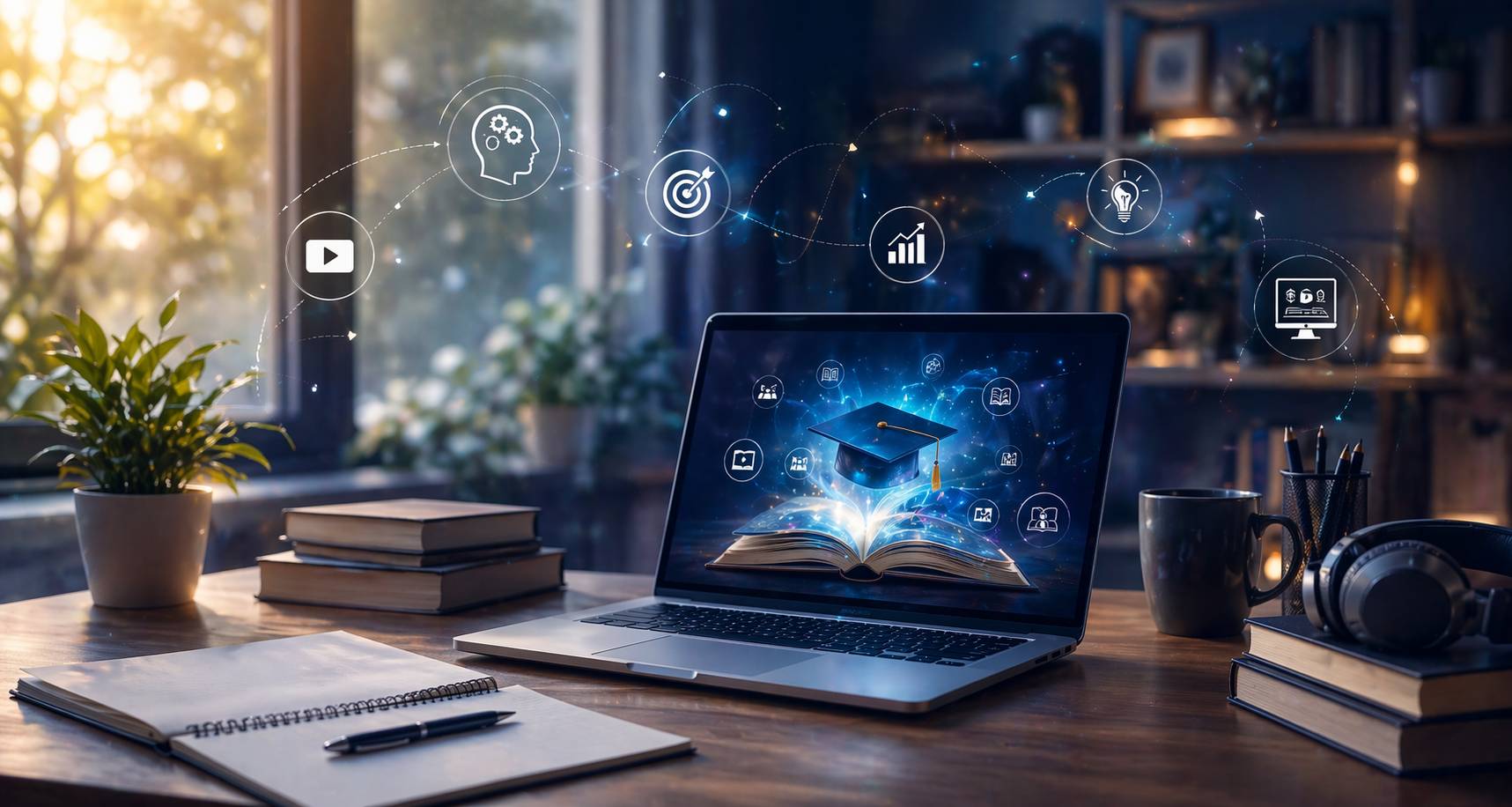 A modern workspace with a laptop displaying digital learning icons, surrounded by books, notebook, headphones, and coffee in a cozy room with soft sunlight and futuristic education-themed holograms.
